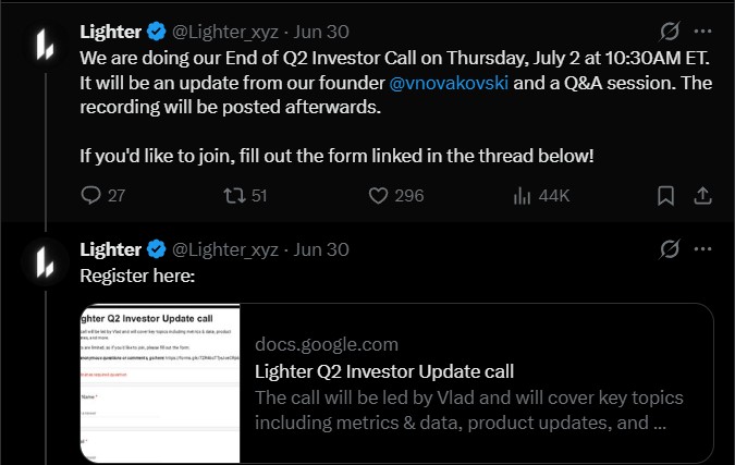 Lighter Investors Call Tomorrow Lighter Investors Call Tomorrow