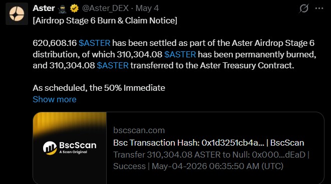 Aster Airdrop Stage 6 and Treasury Update