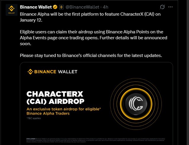 CharacterX $CAI Airdrop Listing on Binance