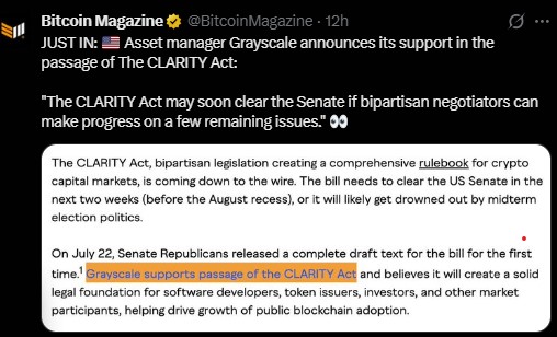Asset manager Grayscale says it backs the CLARITY Act