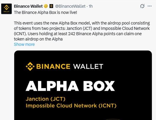 Binance alpha box jct and icnt tokens