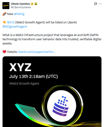 LBank will list $XYZ (Web3 Growth Agent) on July 13