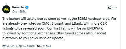 Remittix lisitng exchange confirmed by remittix