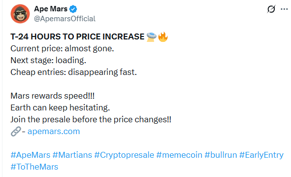 Apemars Crypto Presale stage 12 ends in a few hours.