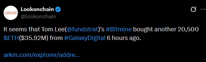 BitMine Buys Another 20,500 ETH From Galaxy Digital BitMine Buys Another 20,500 ETH From Galaxy Digital