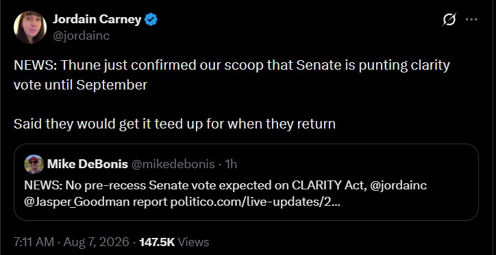 US Senate Crypto Bill Delayed to September US Senate Crypto Bill Delayed to September