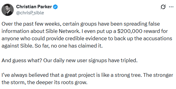 Sible Network founder post on X listing four updates and next steps Sible Network founder post on X listing four updates and next steps