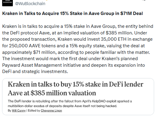 Kraken Aave stake 385 million valuation 