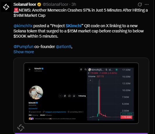 SolanaFloor reported the token fell below $500K within 5 minutes SolanaFloor reported the token fell below $500K within 5 minutes