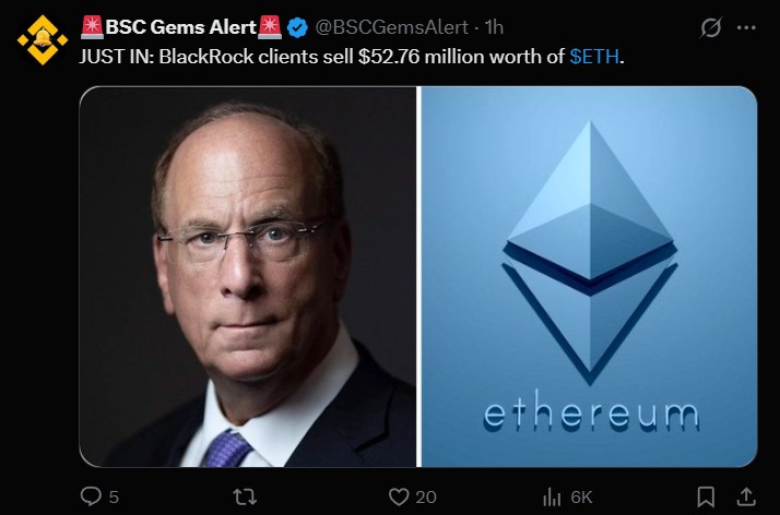 BlackRock Clients Reportedly Sell $52.76M in ETH
