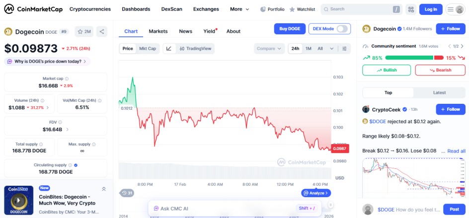 top crypto losers today, 17 feb 2026, Dogecoin DOGE top crypto losers today, 17 feb 2026, Dogecoin DOGE
