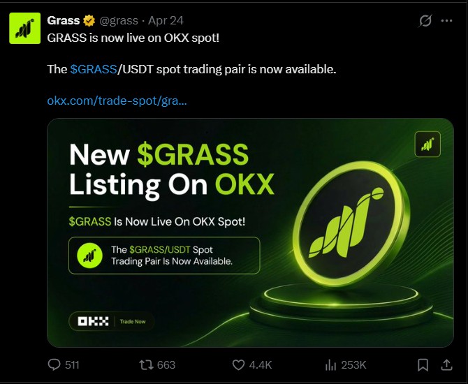 Major exchange OKX listed GRASS for spot trading