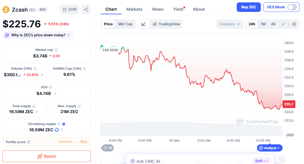 ZEC price chart showing gradual fall with selling pressure ZEC price chart showing gradual fall with selling pressure