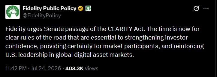 Fidelity urges Senate passage of the CLARITY Act