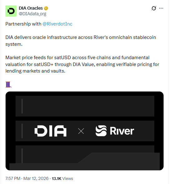 River and DIA partnership announcement supporting DeFi infrastructure