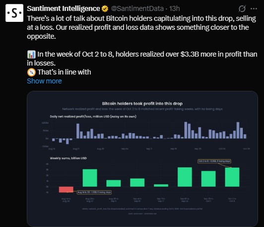 Santiment says the drop looked more like profit-taking than panic.