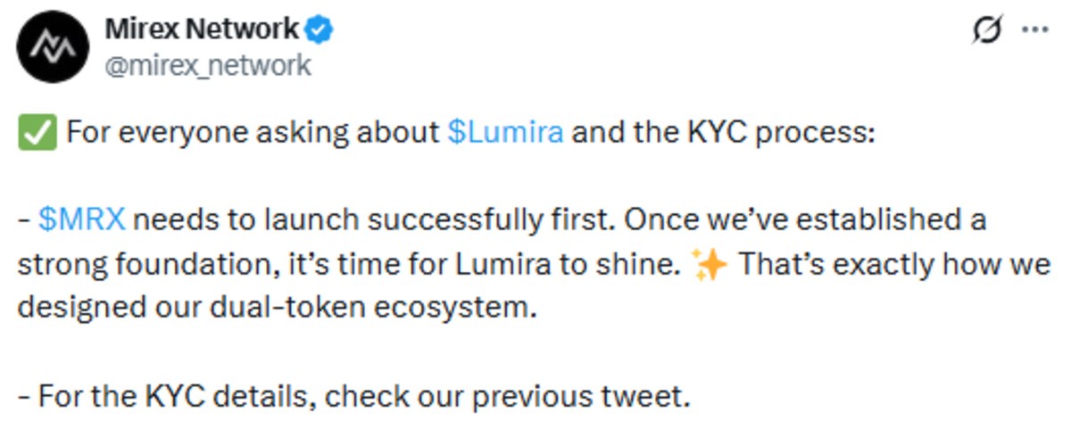 Mirex Network news official X Post showing KYC update