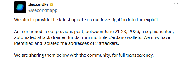 SecondFi Cardano wallet hack update