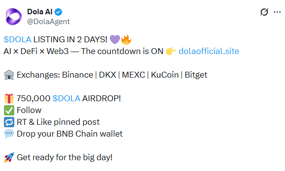 Dola AI Token Listing countdown with 750K DOLA airdrop and named exchanges Dola AI Token Listing countdown with 750K DOLA airdrop and named exchanges