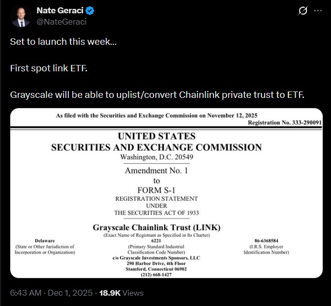 First Spot Chainlink ETF Confirmed by Nate Geraci