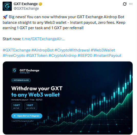 Official GXT Exchange X Post screenshot of showing withdrawal details Official GXT Exchange X Post screenshot of showing withdrawal details