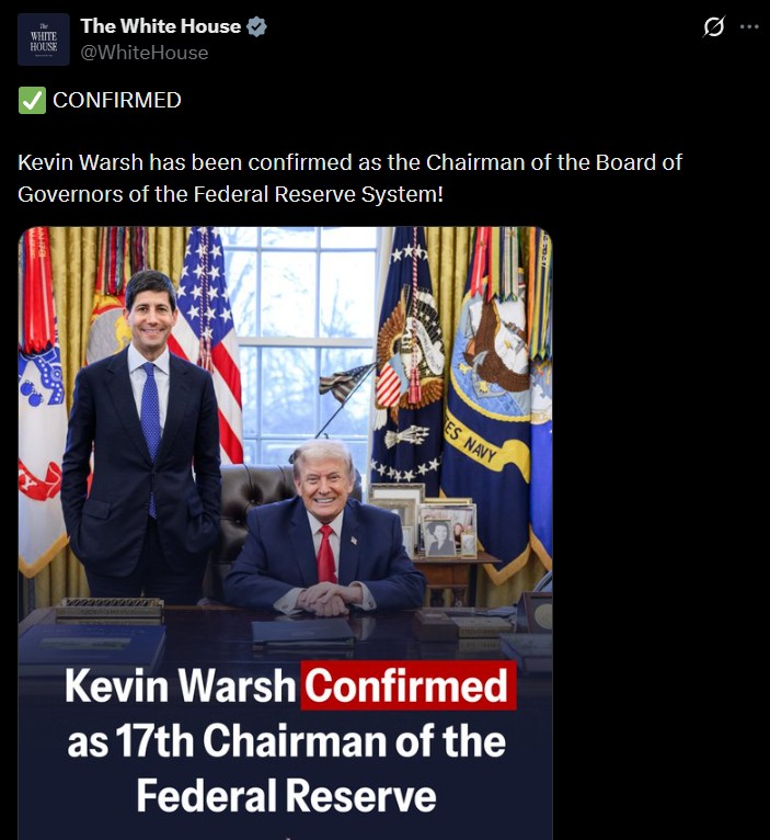 U.S. Senate has confirmed Kevin Warsh as the next Federal Reserve Chair