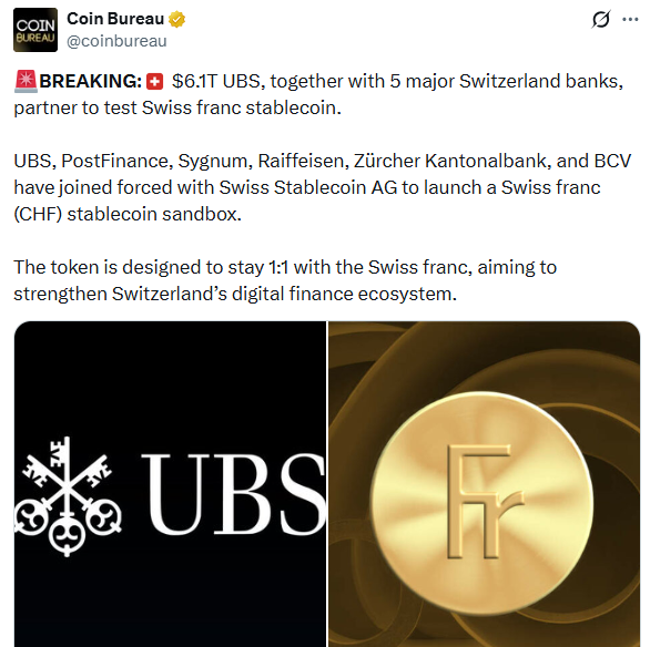 Swiss franc stablecoin sandbox led by UBS and Swiss banks