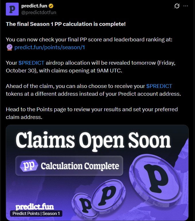 Predict.fun Token Airdrop Season 1 Claim