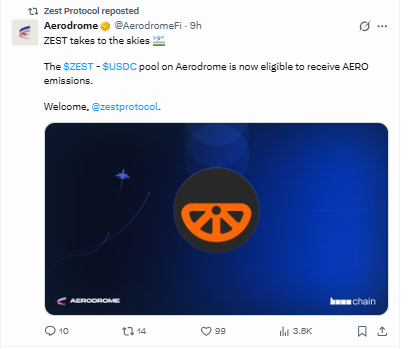 Zest Protocol ZEST USDC pool Aerodrome AERO emissions Base chain listing Zest Protocol ZEST USDC pool Aerodrome AERO emissions Base chain listing