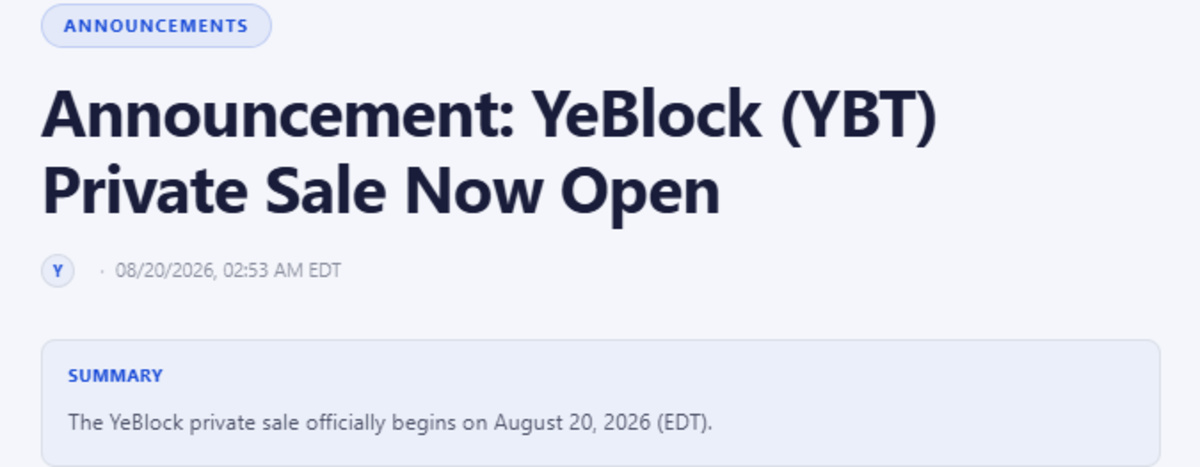 Official YeBlock announcement screenshot of Private Sale Official YeBlock announcement screenshot of Private Sale
