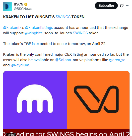 Wingbits WINGS token Kraken listing update before April 22 TGE