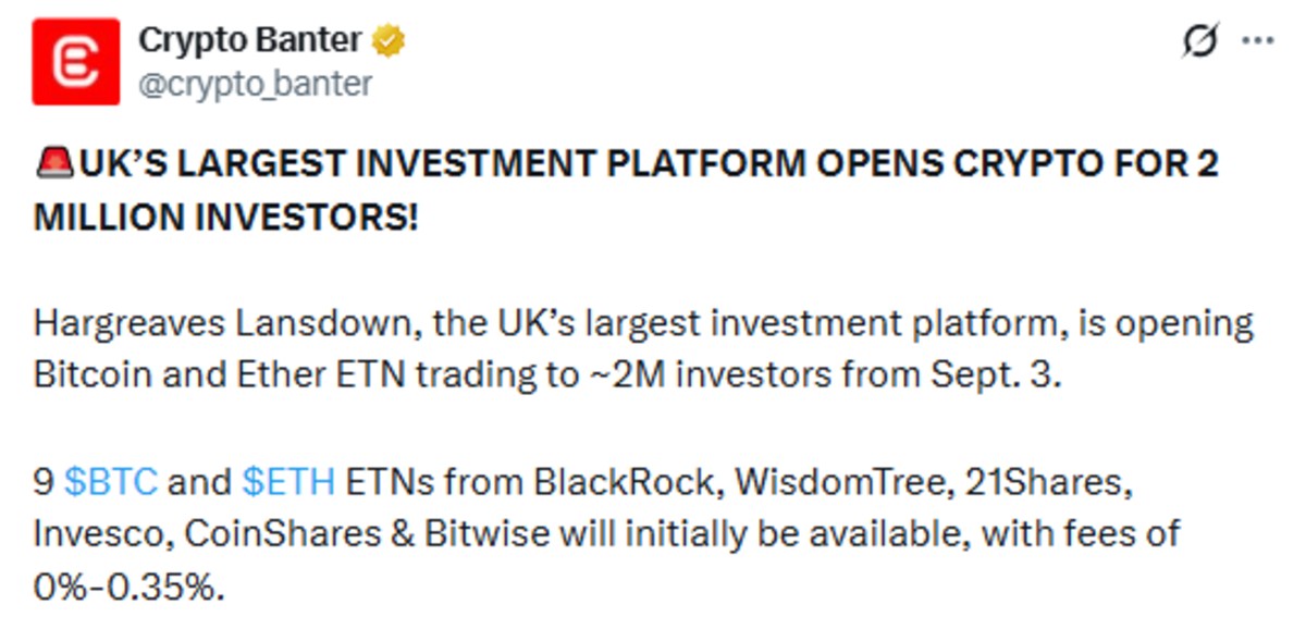 Hargreaves Lansdown Bitcoin ETN crypto banter x post screenshot