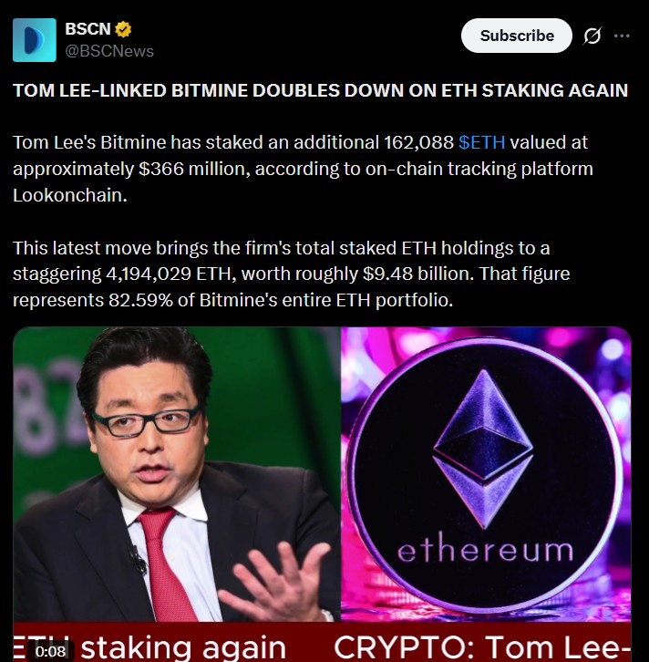 TOM LEE-LINKED BITMINE DOUBLES DOWN ON ETH STAKING AGAIN