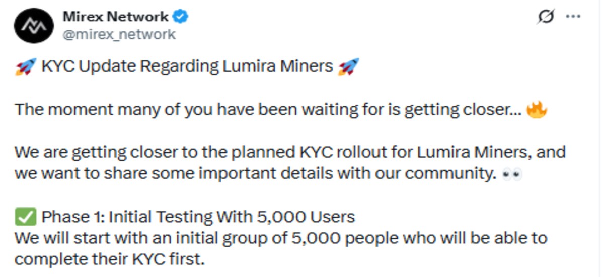 Mirex Network official X post screenshot showing kyc announcement Mirex Network official X post screenshot showing kyc announcement