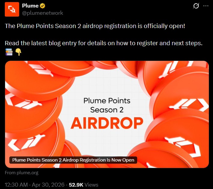 Plume airdrop season 2 registration