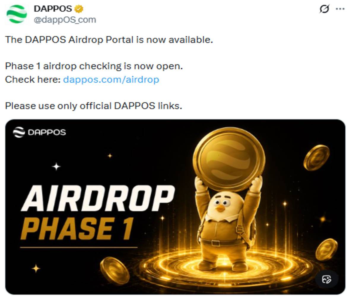 Official DAPPOS X post screenshot of airdrop update Official DAPPOS X post screenshot of airdrop update