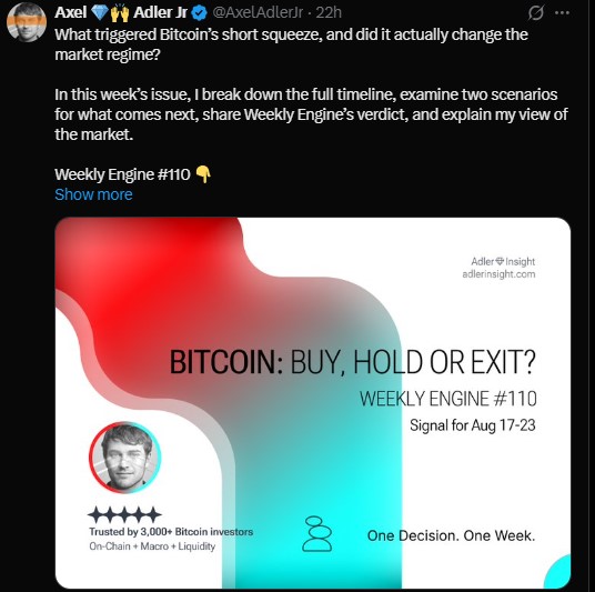 On-chain analyst Axel Adler Jr. flagged a notable shift On-chain analyst Axel Adler Jr. flagged a notable shift