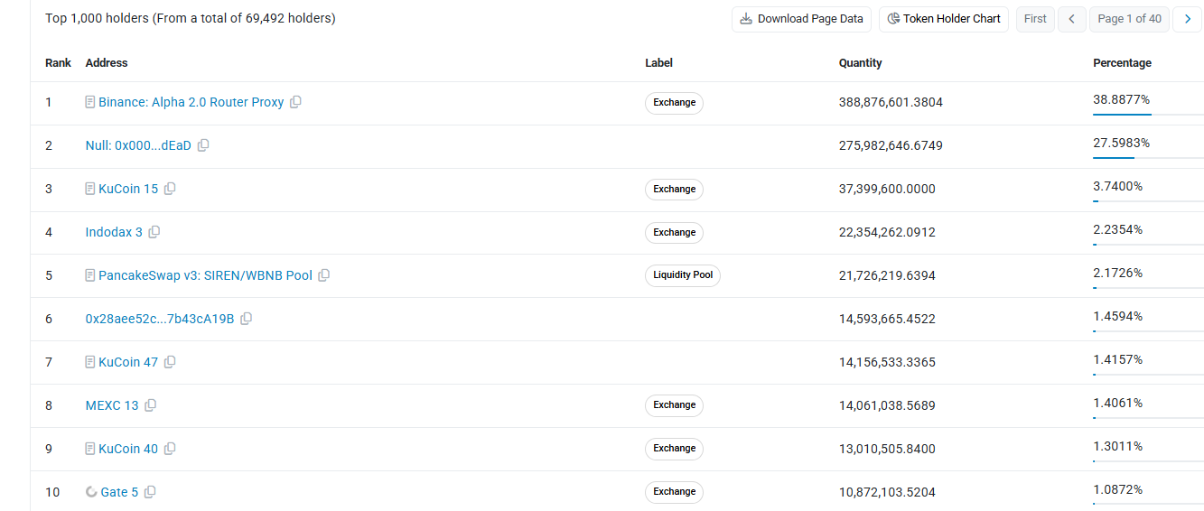 siren top 10 holders details