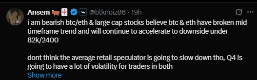 Ansem is bearish on BTC, ETH, and large-cap stocks