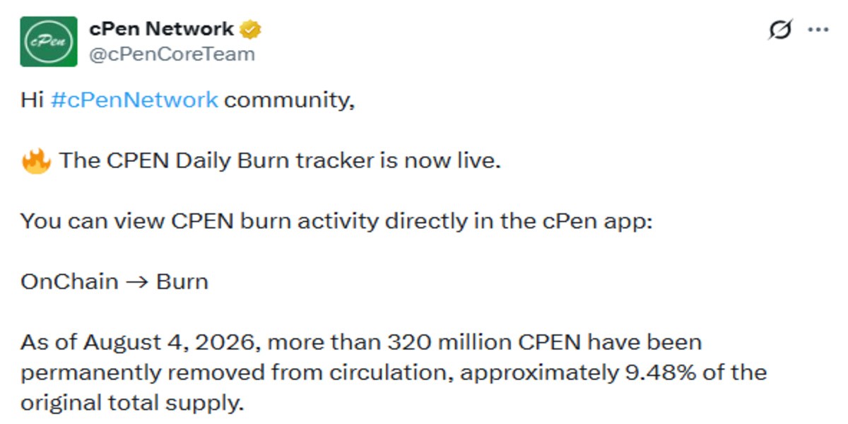 cPen Network Official X Post screenshot showing burn update cPen Network Official X Post screenshot showing burn update