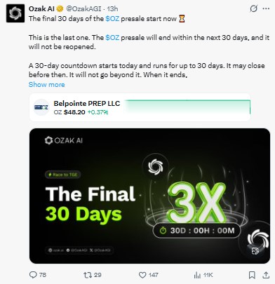 The $OZ presale ends within 30 days The $OZ presale ends within 30 days