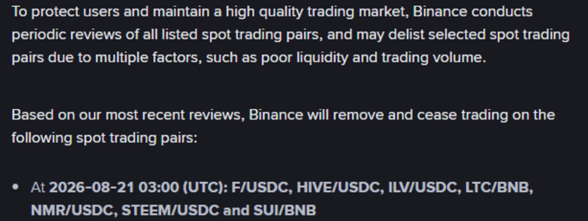 Binance Delisting News official announcement screenshot Binance Delisting News official announcement screenshot