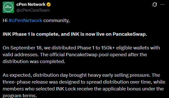 INK Network Update official X post