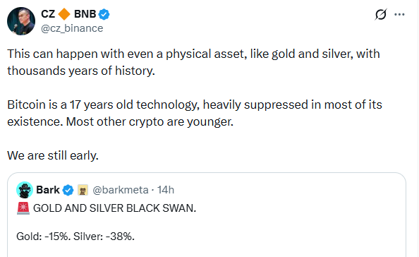 CZ reacts on silver crash and crypto prediction