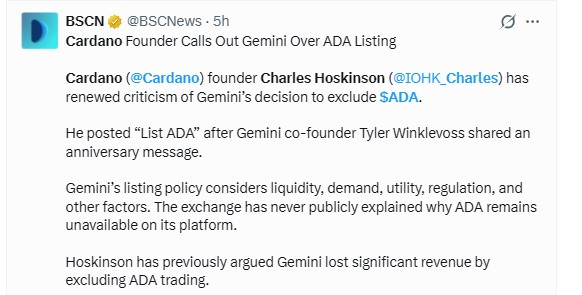 Hoskinson Calls Out Gemini Over ADA