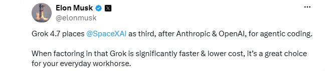 Grok 4.7 now ranks third in agentic coding Grok 4.7 now ranks third in agentic coding