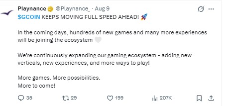 An official post from Playnance on August 9