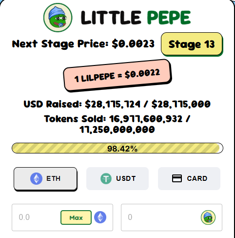 Little Pepe presale dashboard showing Stage 13 progress