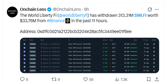 WLFI on-chain data showing 313M token withdrawal from Binance