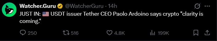 Tether CEO Paolo Ardoino posted that “crypto clarity is coming. Tether CEO Paolo Ardoino posted that “crypto clarity is coming.